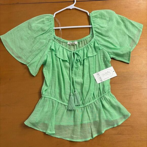 nwt Lily Star Green puff sleeve blouse babydoll peasant fairy ruffles small - Picture 1 of 6
